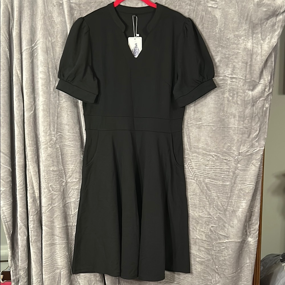 Black A-Line Midi Dress with Puff Sleeves